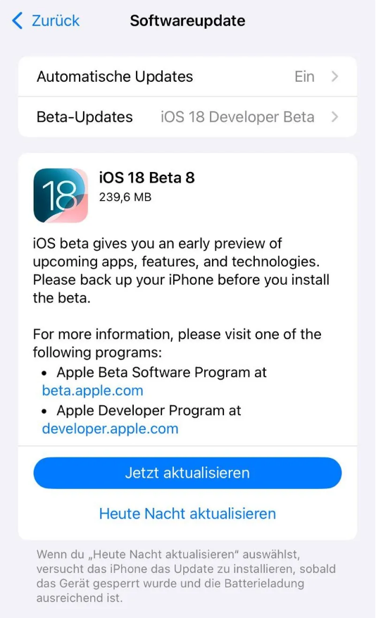 碾子山苹果手机维修分享苹果 iOS / iPadOS 18 开发者预览版 Beta 8 发布 